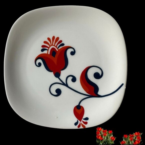 VTG 70s Block Langenthal Transition Bread Plates 6 piece Red Floral Pop Art - Picture 11 of 12